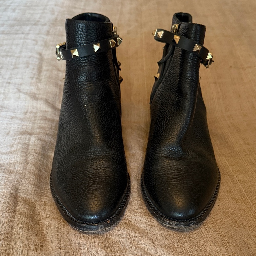 Valentino Black Leather Ankle Boots with Studded Straps